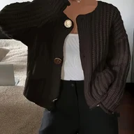 Swetry damskie - TEMU Kardigan Damski Elegancki w Stylu Francuskim z Długimi Rękawami - Gruby Sweter z Dekoltem Okrągłym i Falbankowymi Rękawami, Luźny Krój na - miniaturka - grafika 1