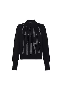Swetry damskie - faina Damski sweter z okrągłym dekoltem i łańcuszkiem z cekinami, czarny, rozmiar M/L, czarny, XL - grafika 1