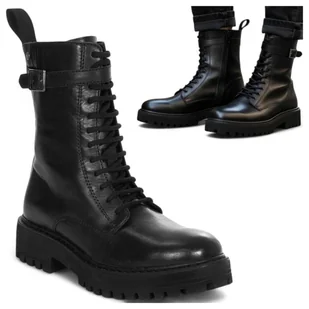 Damskie Botki Maciejka SKÓRZANE Wysokie Glany Jesienne Sznurowane Czarne 37 - Botki damskie - miniaturka - grafika 1