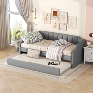 Łóżka dla dzieci i młodzieży - Łóżko rozkładane Merax 90x200/190cm, rozkładana sofa z listwowym stelażem i podłokietnikami, łóżko tapicerowane lnem łóżko dziecięce łóżko dziecięce - miniaturka - grafika 1