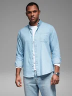 Koszule męskie - Wzorzysta koszula męska z cienkiego jeansu z kieszonką jasnoniebieska V1 OM-SHDS-0179 - Ombre Clothing - miniaturka - grafika 1
