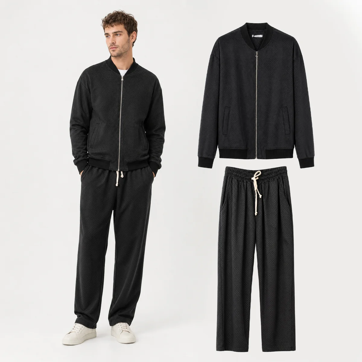 Komplet Dresowy Męski Bomber i Spodnie Wide Leg Luźny Casual Czarny L