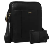 Torby męskie - Torebka męska listonoszka skórzana PETERSON elegancka miejska saszetka na ramię mała na suwak kieszonki dokumenty telefon minimalistyczna czarna + e.. - miniaturka - grafika 1