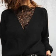 Swetry damskie - TEMU Damski Wiosenno-Jesienny Casualowy Modny Dojrzały Wyrafinowany Minimalistyczny Jednokolorowy Seksowny Głęboki Dekolt V z Koronkowym Wykończeniem - miniaturka - grafika 1