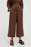 Spodnie damskie - Max Mara Leisure spodnie lniane kolor brązowy szerokie high waist - miniaturka - grafika 1