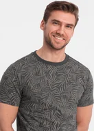 Koszulki męskie - Ombre T-shirt męski fullprint w liście palmy - grafitowy V4 OM-TSFP-0182 L - miniaturka - grafika 1