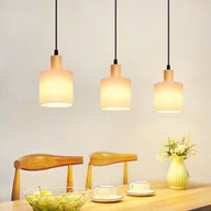 Oprawy, klosze i abażury - ZMH lampa wisząca drewniana biała lampa stołowa 3 płomienna lampa wisząca w stylu vintage E14 z kloszem z tkaniny do salonu restauracja sypialnia kuchnia - miniaturka - grafika 1