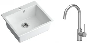 Quadron Zlewozmywak granitowy jednokomorowy 57*50*22 cm MORGAN 110 SNOW WHITE ze stalowym odpływem z baterią INGRID Q LINE kolor stal szczotkowana - Zlewozmywaki z baterią - miniaturka - grafika 1