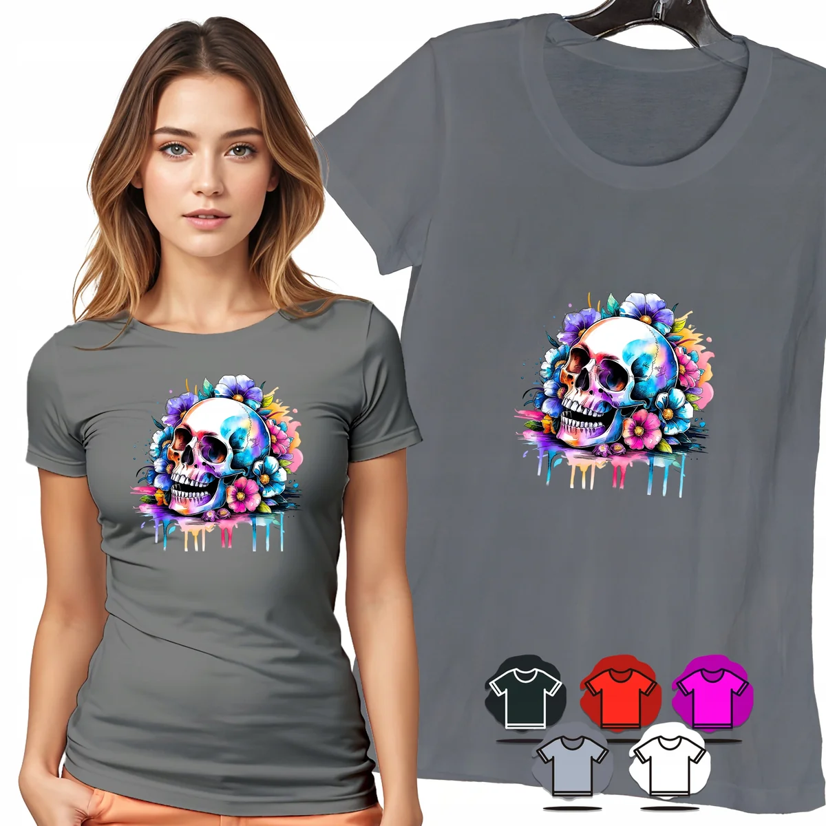 KOSZULKA DAMSKA T-SHIRT - CZASZKA KWIATY KOLOROWY PORTRET DAMSKI WZÓR - M