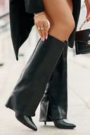 Kozaki damskie - Kozaki Na Szpilce Wywinięta Cholewka Zamek Ocieplane Czarne Bellinna - Zazoo - miniaturka - grafika 1