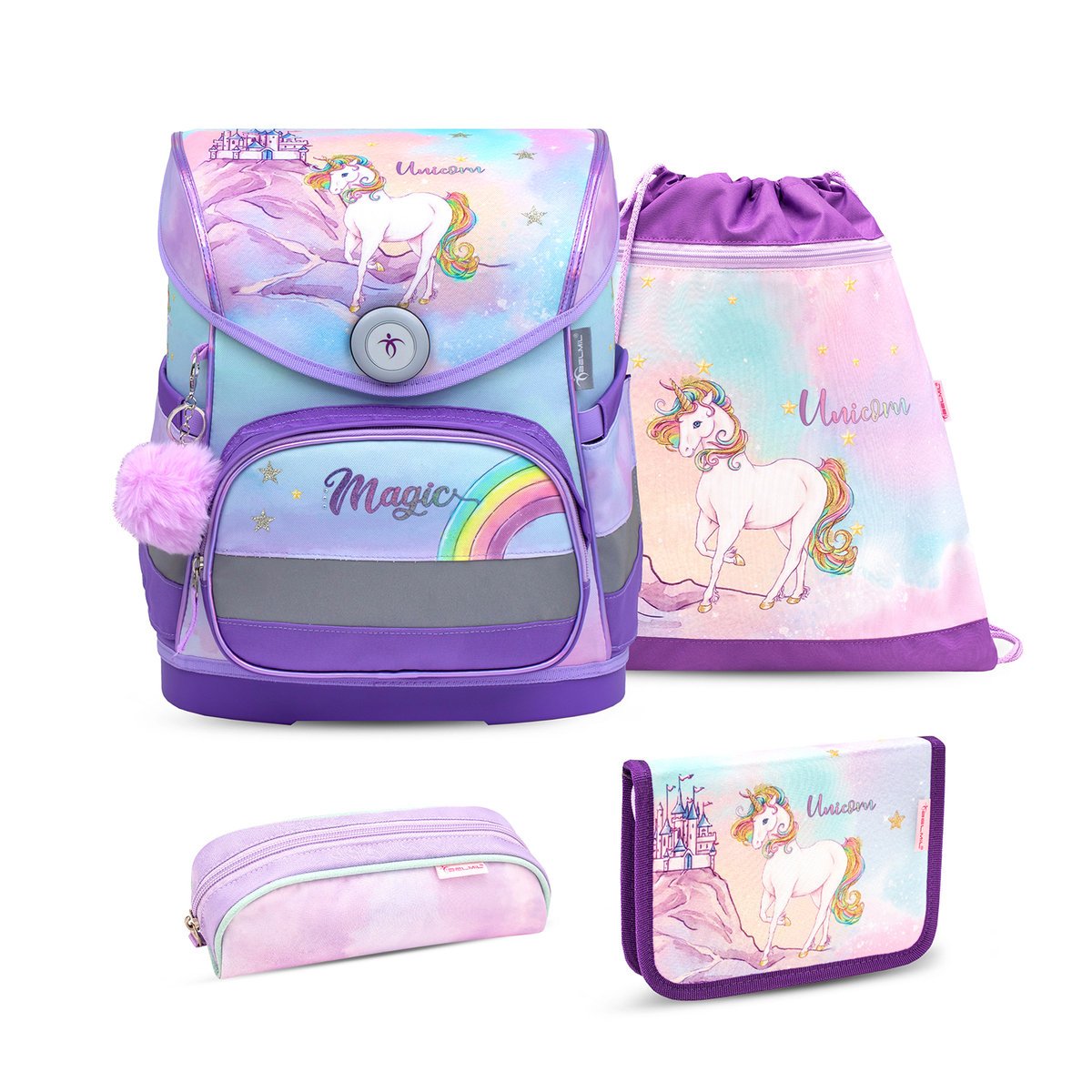 Ergonomiczny zestaw szkolny Belmil Compact „Rainbow Unicorn Magic” dla dziewczynek – 5 części