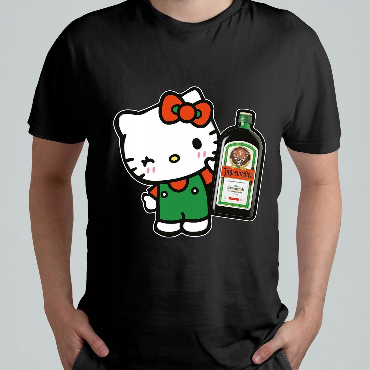 CZARNA KOSZULKA Z NADRUKIEM MĘSKA ŚMIESZNA T-SHIRT HELLO KITTY JAGERMEISTER