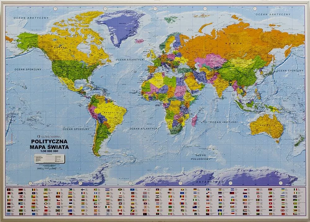 Global Mapping, Świat. Mapa ścienna polityczna na podkładzie do wpinania, 1:30 000 000