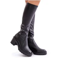 Kozaki damskie - Kozaki Przed Kolano Eko Skórzane Na Słupku Vinceza 58332 Czarne - miniaturka - grafika 1