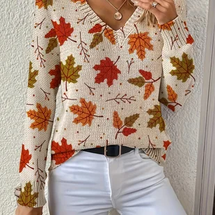 TEMU Sweter Elegancki dla Kobiet - Całoroczny Sweter z Długim Rękawem i Dekoltem w Serek, Czerwony, Brązowy, Beżowy, Czarny, Biały - Biuro, Casual, - Swetry damskie - miniaturka - grafika 1