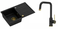 Zlewozmywaki z baterią - Quadron Unique Zlewozmywak granitowy jednokomorowy 78*50*22 cm z ociekaczem MORGAN 111 PURE CARBON z syfonem Push-2-Open w kolorze złotym z baterią NATALIE Q LINE PURE CARBON kolor czarny mat/wykończenie złote - miniaturka - grafika 1