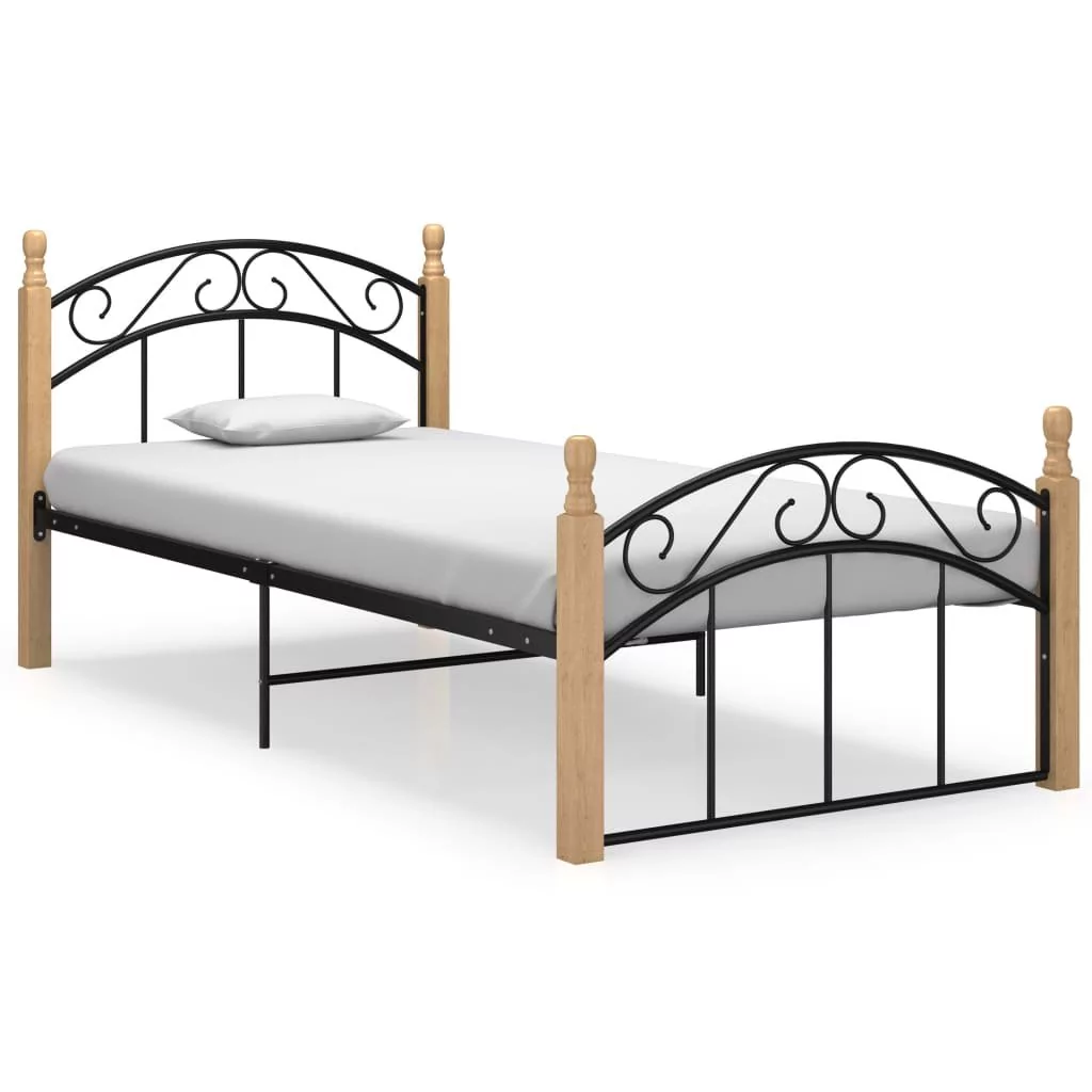 Rama łóżka, czarny metal drewno dębowe, 90x200