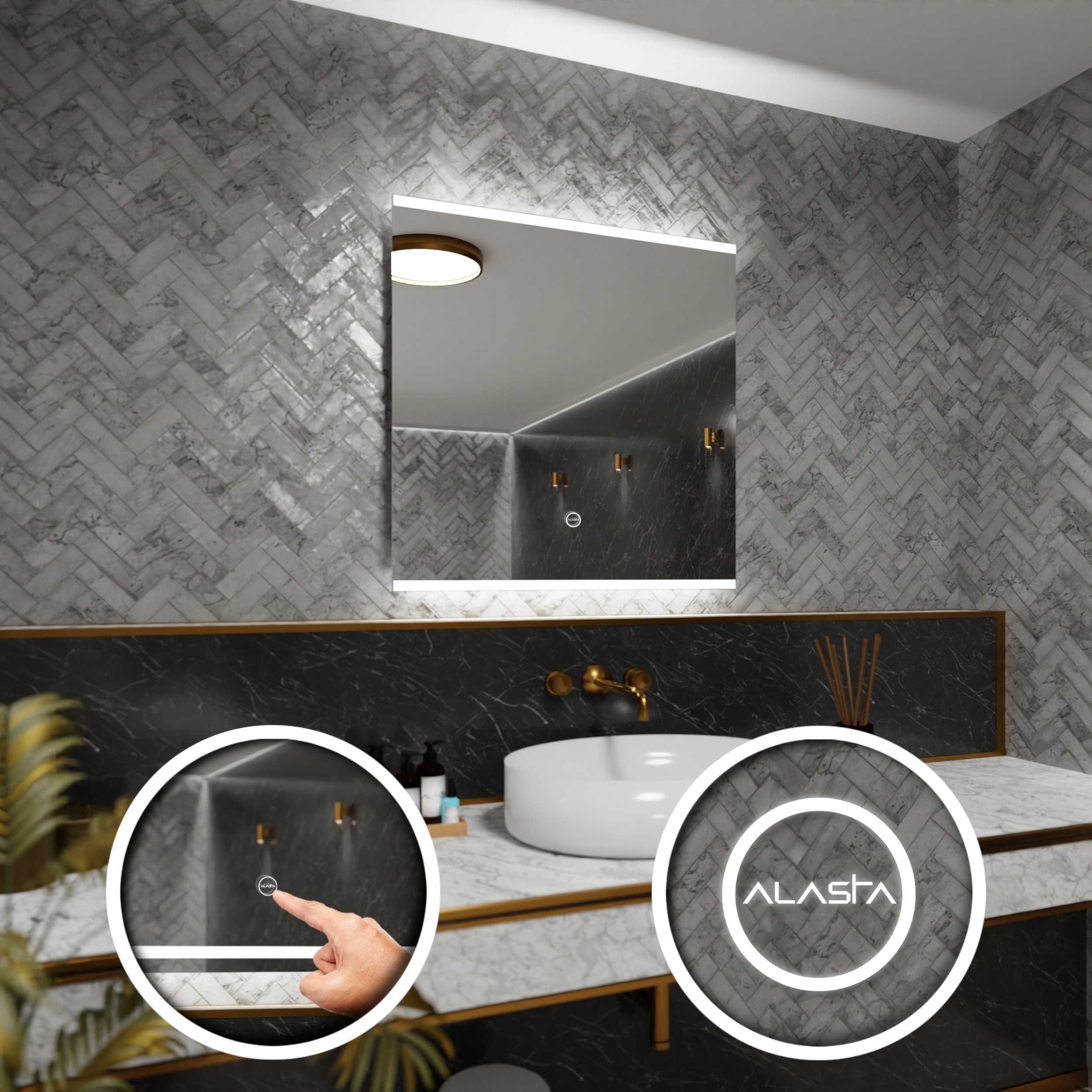 Prostokątne lustro łazienkowe z podświetleniem LED i włącznikiem dotykowym - Brasil - 80 x 80cm