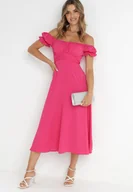 Sukienki - Fuksjowa Sukienka Midi z Dekoltem Carmen i Bufiastymi Rękawkami Amarhis - miniaturka - grafika 1