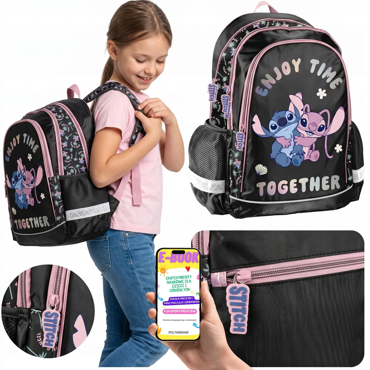 Plecak Szkolny PASO Stitch Enjoy Time Czarny dla Dziewczynki Klasy 1-3 + E-BOOK