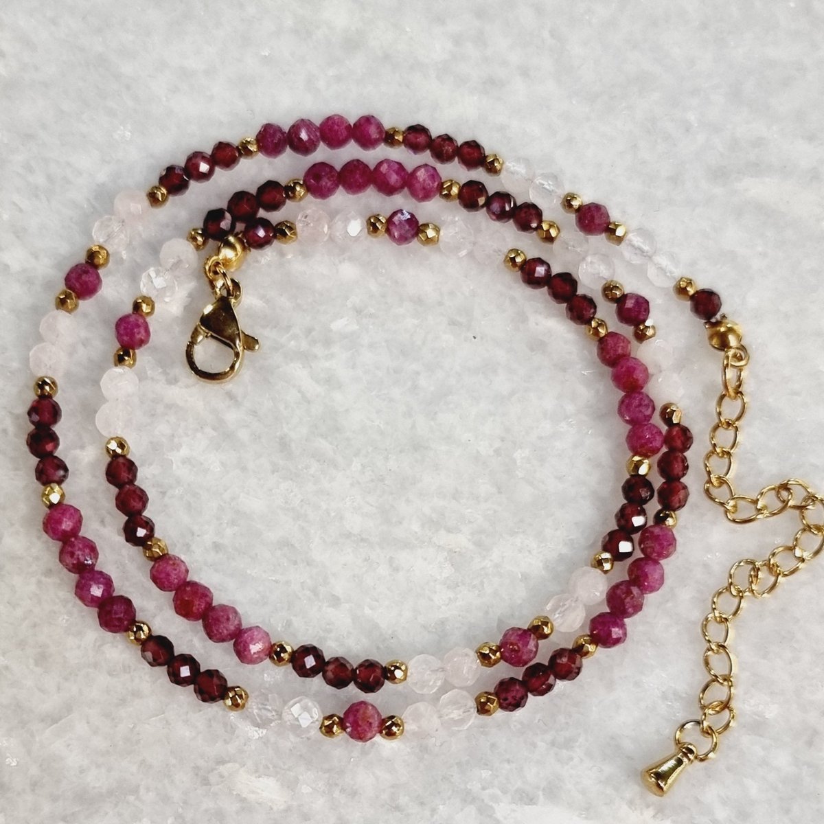 Naszyjnik rubin, granat i kwarc różowy kamienie naturalne trendy / StoneLab