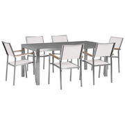 Meble ogrodowe - Beliani Meble ogrodowe stół granitowy cała płyta 180 cm szary polerowany z 6 białymi krzesłami GROSSETO - miniaturka - grafika 1