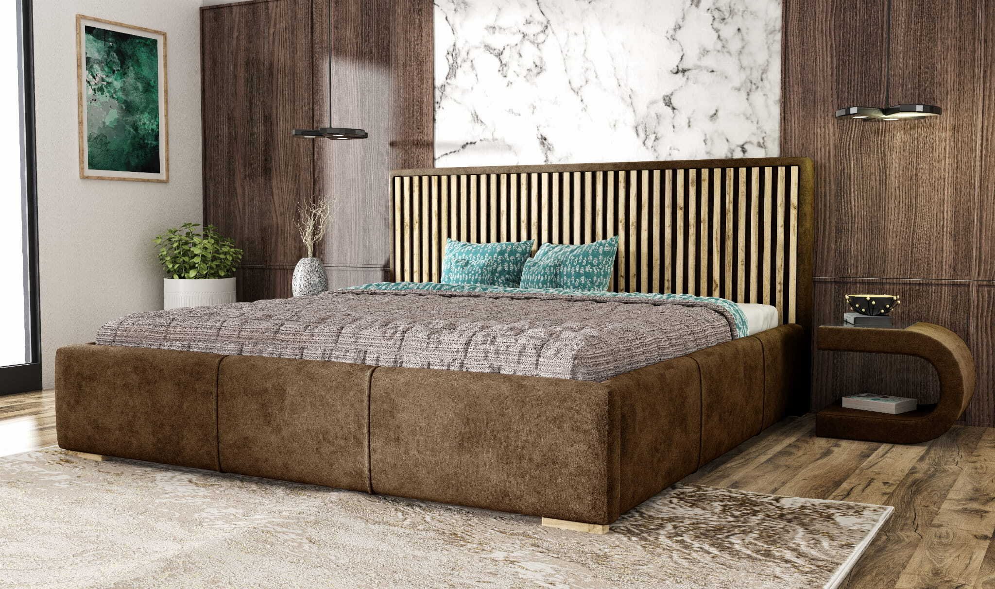 Łóżko tapicerowane AGMAT WOOD z wezgłowiem, 200 x 200 cm, łóżko podwójne z podstawą łóżka i metalową ramą z listew, tkanina welurowa: brązowy