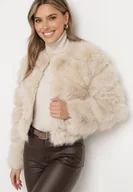 Płaszcze damskie - Beżowa Krótka Kurtka z Futerkiem na Haftki Loreinda - miniaturka - grafika 1