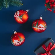 Bombki - Bombka szklana pejzaż zimowy 8 cm 4 sztuki czerwony - miniaturka - grafika 1