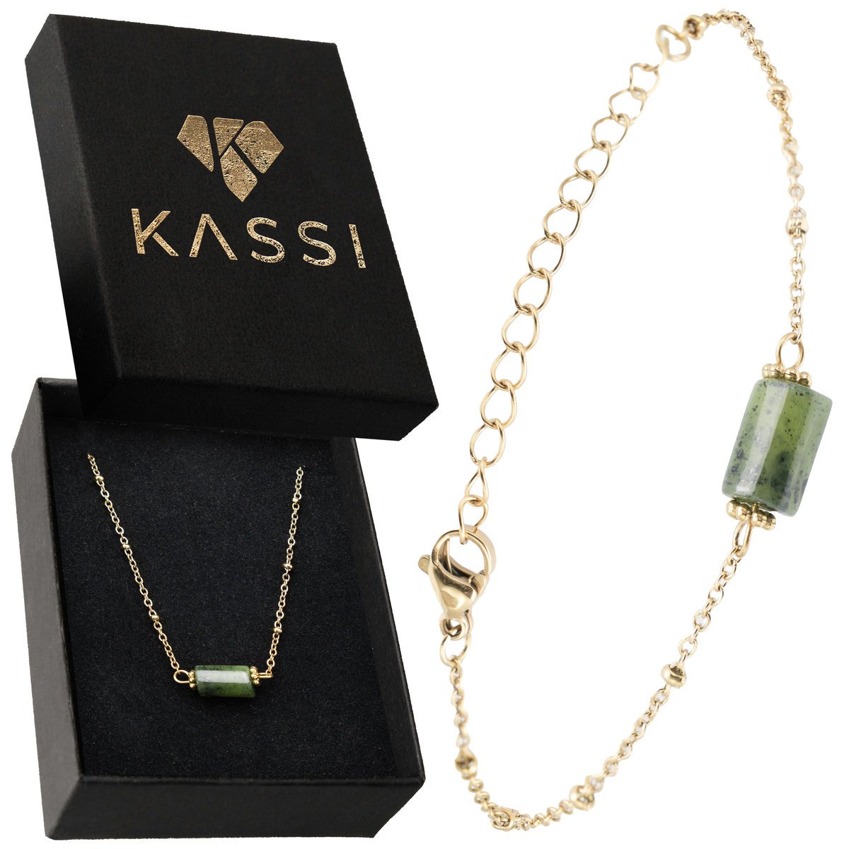 Bransoletka damska pozłacana ze stali chirurgicznej z Zielonym Jadeitem