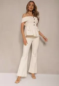 Komplety damskie - Beżowy Garniturowy Komplet Bluzka Typu Hiszpanka i Spodnie Flare Silkio - miniaturka - grafika 1