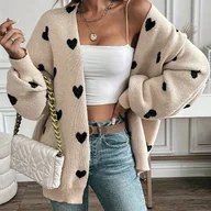 Swetry damskie - TEMU Elegancki Kardigan z Dekoltem w Serek i Nadrukiem Serc dla Kobiet - miniaturka - grafika 1