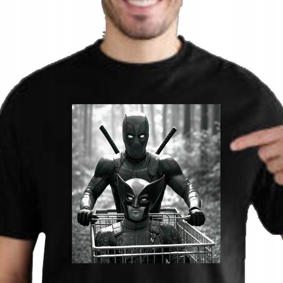 3442 ŚMIESZNA KOSZULKA MĘSKA DEADPOOL PCHAJĄCY WÓZEK WOLVERINE XL CZARNA