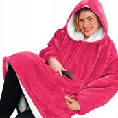 Koce - CIEPŁY KOC Z RĘKAWAMI I KAPTUREM BLUZA OVERSIZE 2w1 NARZUTA FUTRZAK RÓŻ - miniaturka - grafika 1