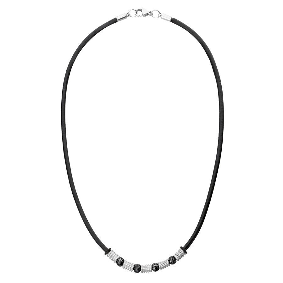 Naszyjnik Męski czarny rzemień z szarymi i srebrnymi charmsami.