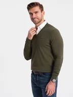 Swetry męskie - Sweter męski z dekoltem "w serek" z koszulowym kołnierzykiem - ciemnooliwkowy V5 OM-SWSW-0102 - Ombre Clothing - miniaturka - grafika 1
