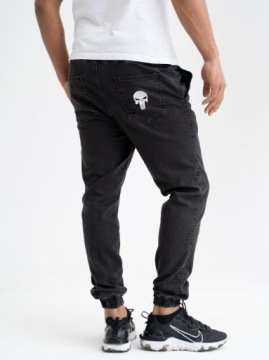 Spodnie Joggery Jeansowe Marvel Punisher Guma W Pasie Czarne Marmurkowe XL