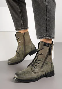 Zielone Botki Workery ze Sznurowaniem i Zapięciem na Suwak Vemida - Botki damskie - miniaturka - grafika 1