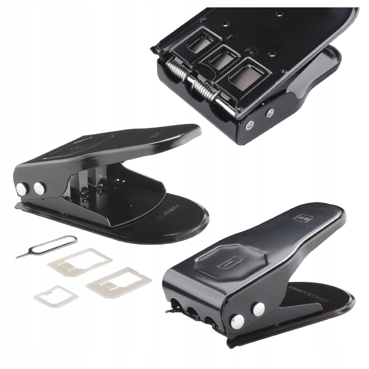 Uniwersalna wycinarka dziurkacz wykrojnik SIM 3w1 Standard Micro Nano + 3 adaptery + kluczyk do tacki Stal nierdzewna Precyzyjny zestaw do telefonów