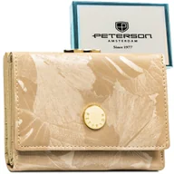 Portfele - Portfel damski beżowy skórzany PETERSON mały poziomy na zatrzask i bigiel rozbudowany na karty skóra naturalna i ekologiczna modny wzór roślinny och.. - miniaturka - grafika 1