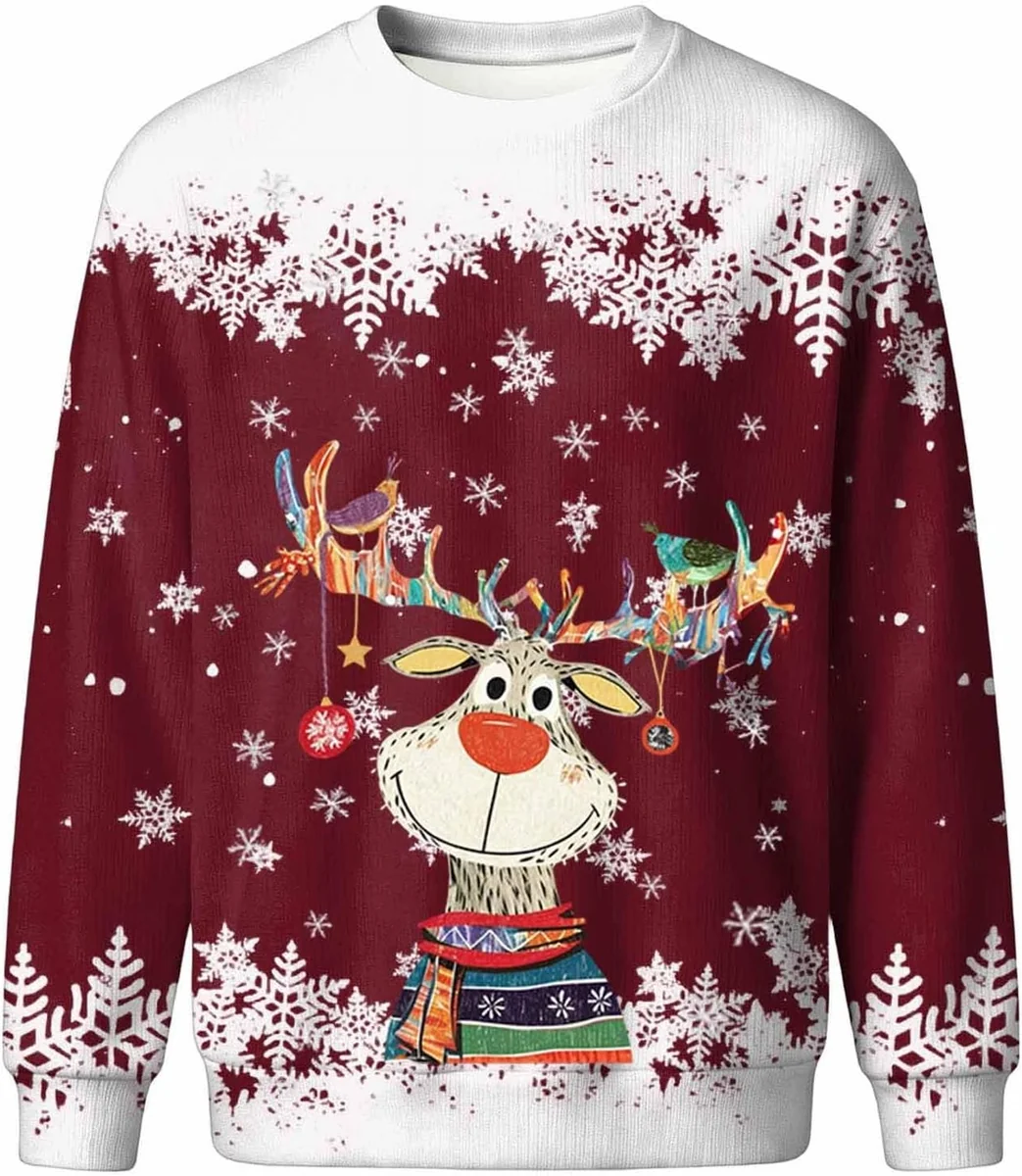 SWETER DAMSKI DŁUGI RĘKAW DZIANINOWY LUŹNY CIEPŁY WZORY ŚWIĄTECZNY OKRĄGŁY