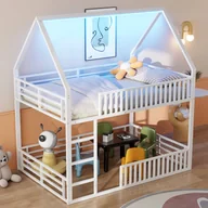 Łóżka dla dzieci i młodzieży - Łóżka piętrowe 140 x 200 cm z drabinką, dachem i barierkami bezpieczeństwa - Metalowe - Diody LED - Białe (Bez materaca) - miniaturka - grafika 1