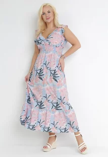 Niebieska Sukienka Maxi z Gumkami w Talii i Kopertowym Dekoltem Elysa - Sukienki - miniaturka - grafika 1