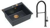 Zlewozmywaki z baterią - Quadron Unique Zlewozmywak granitowy jednokomorowy 57*50*22 cm MORGAN 110 BLACK DIAMOND z syfonem Push-2-Open w kolorze miedzianym z baterią MARGOT T LINE GRAPHITE METAL z ruchomą wylewką kolor grafit/czarny wąż - miniaturka - grafika 1