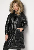 Kurtki damskie - Czarno-Brązowa Zimowa Kurtka Pikowana o Długim Kroju z Kapturem z Odpinanym Futrem Lilareen - miniaturka - grafika 1