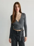 Swetry damskie - Reserved - Sweter z wiązaniem - szary - miniaturka - grafika 1