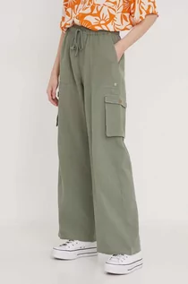 Spodnie damskie - Roxy spodnie bawełniane kolor zielony szerokie high waist - grafika 1