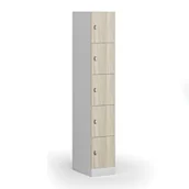 Szafki biurowe - Szafka ubraniowa ze schowkami, 5 schowków, 1850 x 300 x 500 mm, zamek obrotowy, drzwi laminowane, dąb naturalny - miniaturka - grafika 1