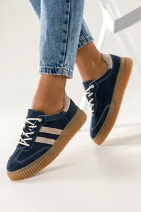 Granatowe sneakersy skórzane damskie buty sportowe na beżowej platformie kremowe wstawki sznurowane Carla TW-CU-800 - Półbuty damskie - miniaturka - grafika 1
