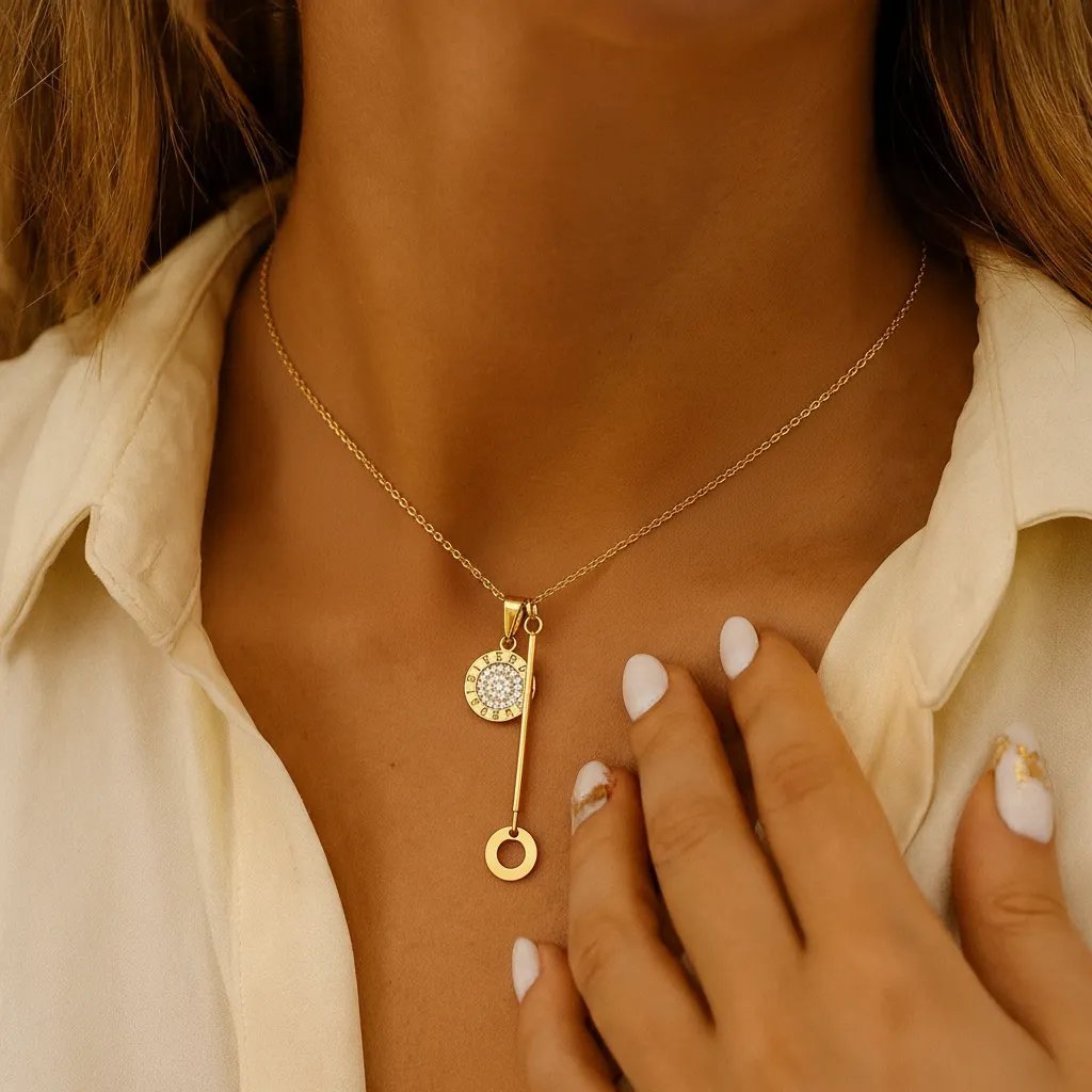 Naszyjnik Blueberry Duo Złoty Medalion Pręcik Cyrkonie Stal PVD 46cm Prezent dla Niej